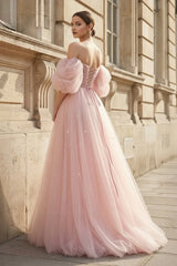 A-line Princess Glitter Ball Gown Off-the-Shoulder Puff Sleeve Tulle Prom Dress