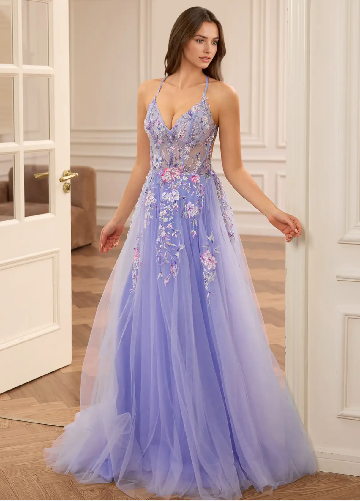 Halter V-neck A-Line Princess Ball gown Sequin Tulle Embroidery with Beading Prom Dress Corset
