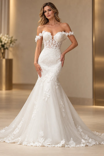 Romantic Floral Mermaid Sweetheart Off-Shoulder Corset-Back Floor-Length Lace Wedding Dress