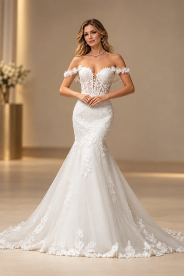 Romantic Floral Mermaid Sweetheart Off-Shoulder Corset-Back Floor-Length Lace Wedding Dress