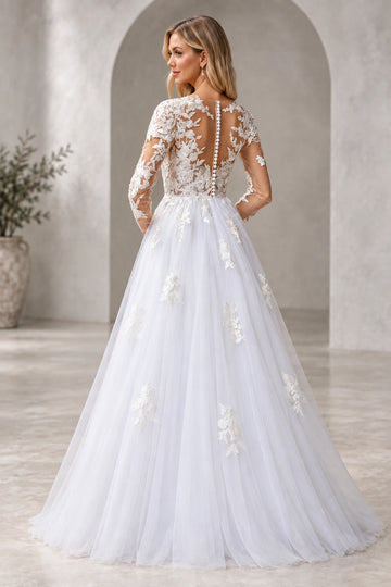 Back view of Vedress wedding dress showing a high illusion lace back, covered buttons from neckline to waist and floral skirt appliqués.
