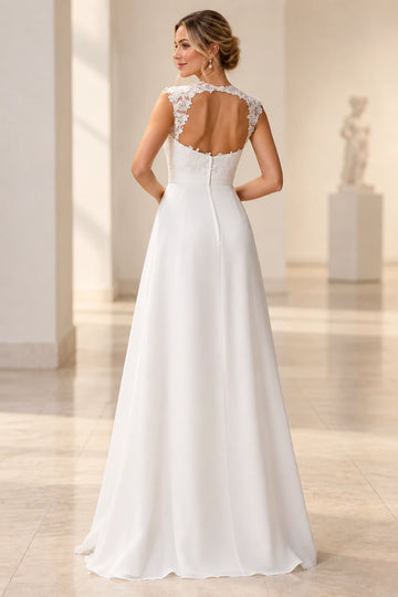 Back view of satin A-line wedding dress with floral illusion lace back and zipper