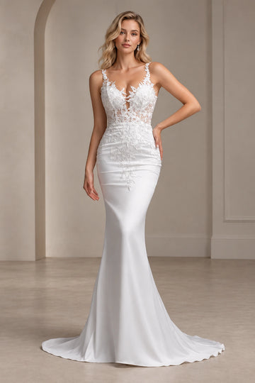 Elegant Mermaid Plunging V-Neck Sleeveless Illusion Back Floor-Length Wedding Dress