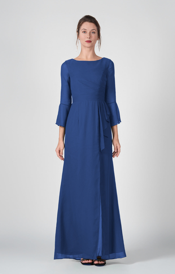 Elegant Sheath Boat Neck Bell Sleeve Open Back Floor-Length Bridesmaid Gown Formal Wedding Guest Dresses