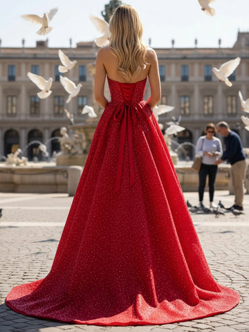 Red A-line prom dress with lace-up corset back bow detail and sparkling floor length skirt back view