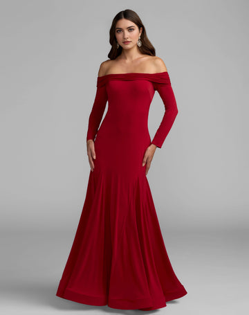 Red off shoulder long sleeve trumpet bridesmaid dress with fitted bodice and floor length skirt front view