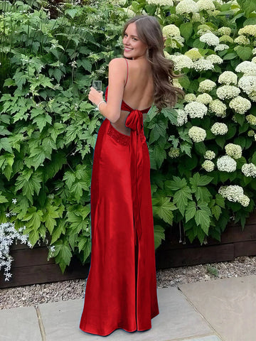 Vedress red satin prom dress with open back and large bow detail