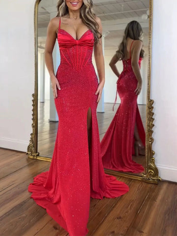 Red sparkling mermaid prom dress with ruched sweetheart neckline and thigh-high slit