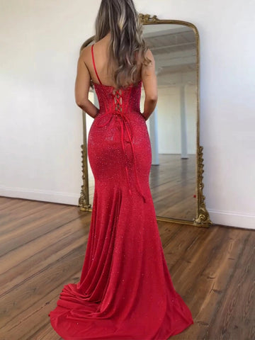 Red sparkling mermaid prom dress with lace-up back and floor-length train