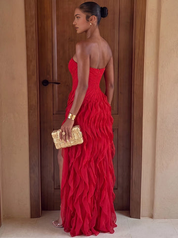 Red strapless prom dress with sweetheart neckline ruched bodice high slit and cascading ruffle skirt by Vedress