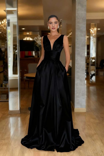 Striking A-Line V-Neck Sleeveless Low Back Floor-Length Prom Dress