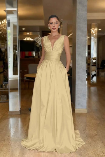 Striking A-Line V-Neck Sleeveless Low Back Floor-Length Prom Dress