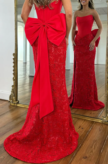 Vestido de Noche de Fiesta de Sirena de Encaje con Corsé sin Tirantes, Lazo Grande en la Espalda y Abertura Alta