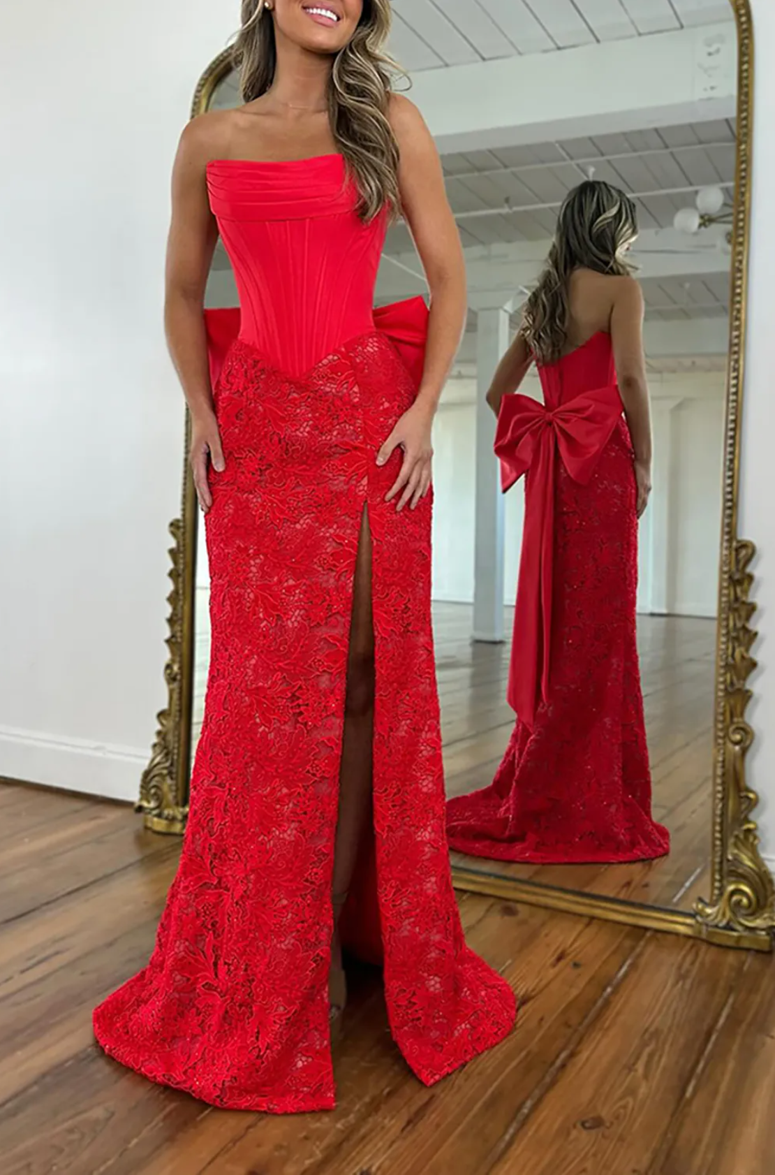 Vestido de Noche de Fiesta de Sirena de Encaje con Corsé sin Tirantes, Lazo Grande en la Espalda y Abertura Alta