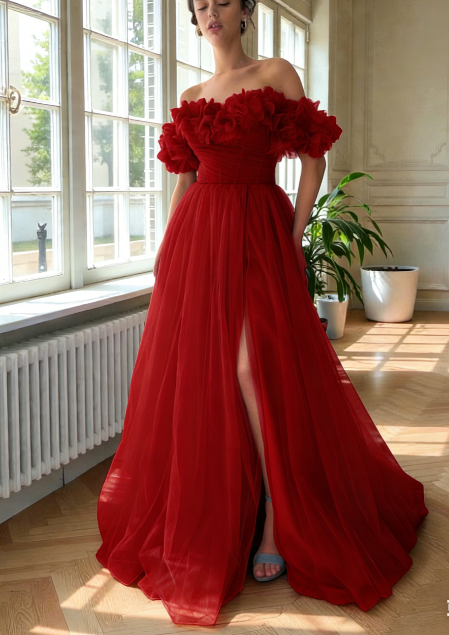Off-the-Shoulder Tiered Ruffle Ball Gown Corset Prom Dresses Cape Evening Dress with Sheer and Side Slit