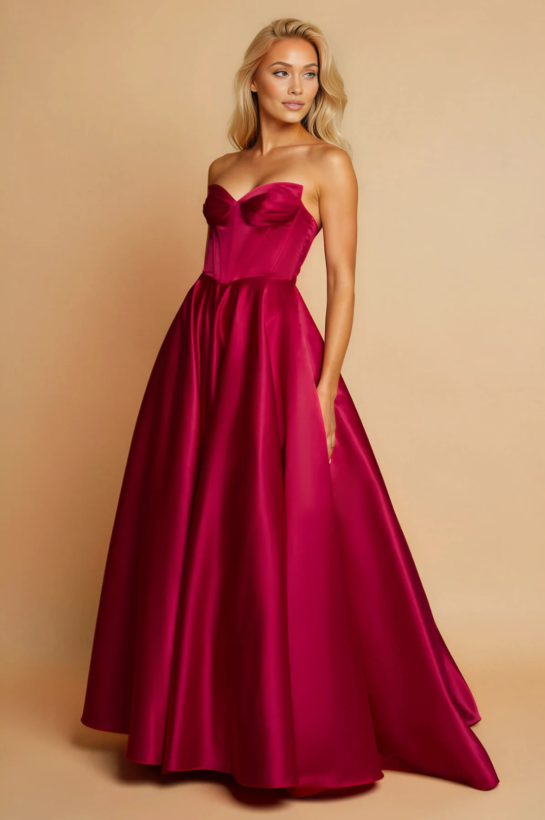 Elegante vestido de fiesta largo de raso con escote corazón, sin tirantes y con cordones en la espalda, tipo corsé