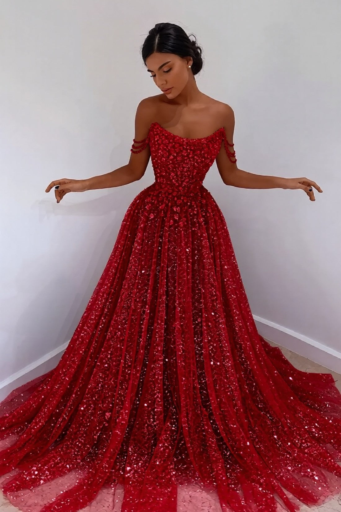 Off-the-Shoulder Sweetheart Neck Glitter Tulle Maxi Gown with Beaded Floral Appliqué Formal Evening Dress