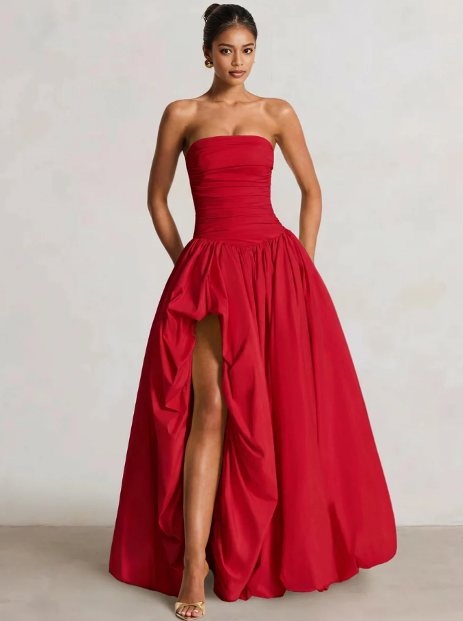 A-Line Ball Gown Strapless Ruched Side Split With Pleats&Back Lace-Up Wedding Guest Dresses