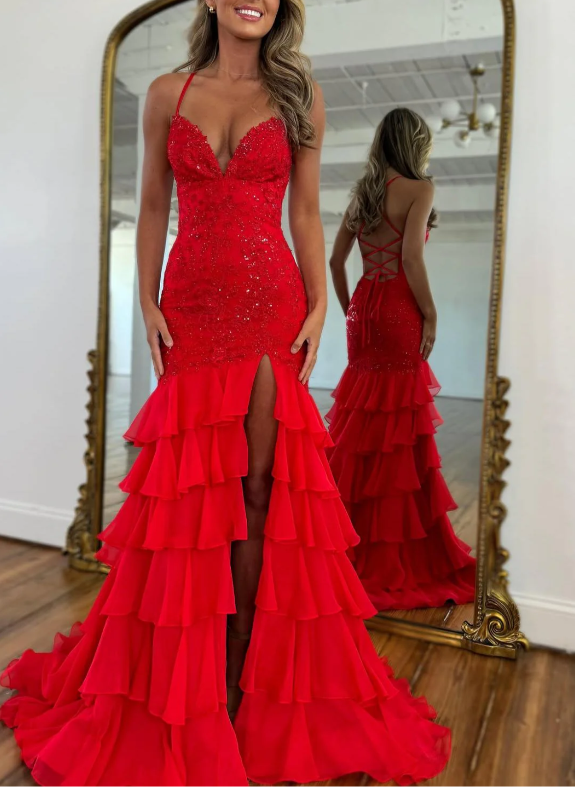 Elegant Strapless Mermaid Evening Gown with Floral Appliqué High Slit Tiered Ruffled Formal Prom Dresses