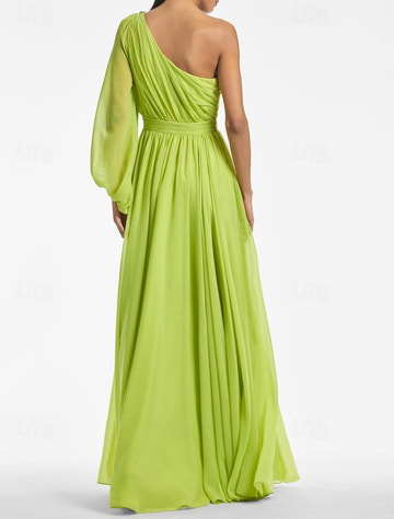Back view of lime green one-shoulder chiffon formal gown with long sheer sleeve, defined waist, and flowing floor-length skirt