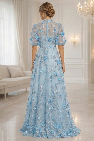 Light Blue A-Line High Neck Puff Sleeve Illusion Back Floor-Length Mother Of The Bride Dress