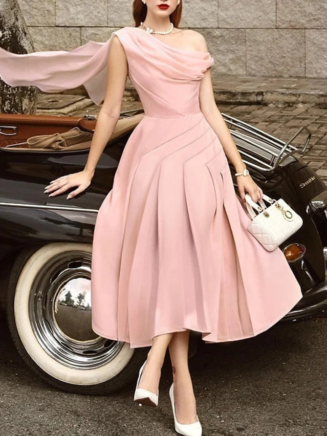Vedress blush pink one shoulder bridesmaid midi dress,flowing ribbon strap,pleated a‑line skirt,chiffon formal gown