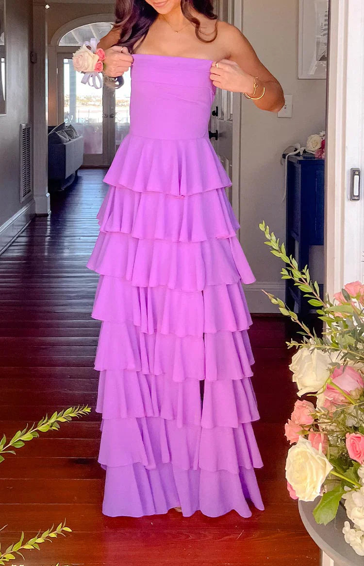 Romántico vestido largo de fiesta con escote palabra de honor, corte en A, volantes escalonados y abertura