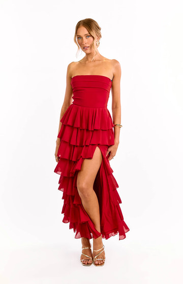 Romantic A-Line Strapless Tiered Ruffled Maxi Gown Long Prom Dress With Slit