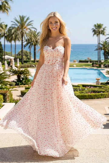 Romantic ALine Strapless Tulle FloorLength Ruched Maxi Evening Dress