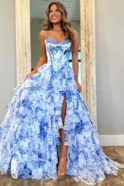 Romantic Blue Floral Strapless Tiered Ruffle Prom Gown