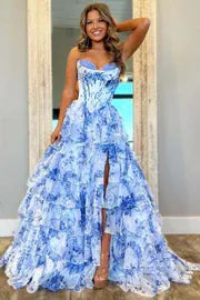 Romantic Blue Floral Strapless Tiered Ruffle Prom Gown