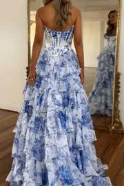 Romantic Blue Floral Strapless Tiered Ruffle Prom Gown