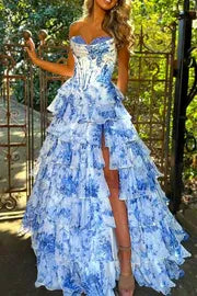 Romantic Blue Floral Strapless Tiered Ruffle Prom Gown