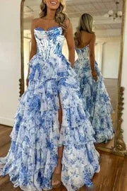 Romantic Blue Floral Strapless Tiered Ruffle Prom Gown