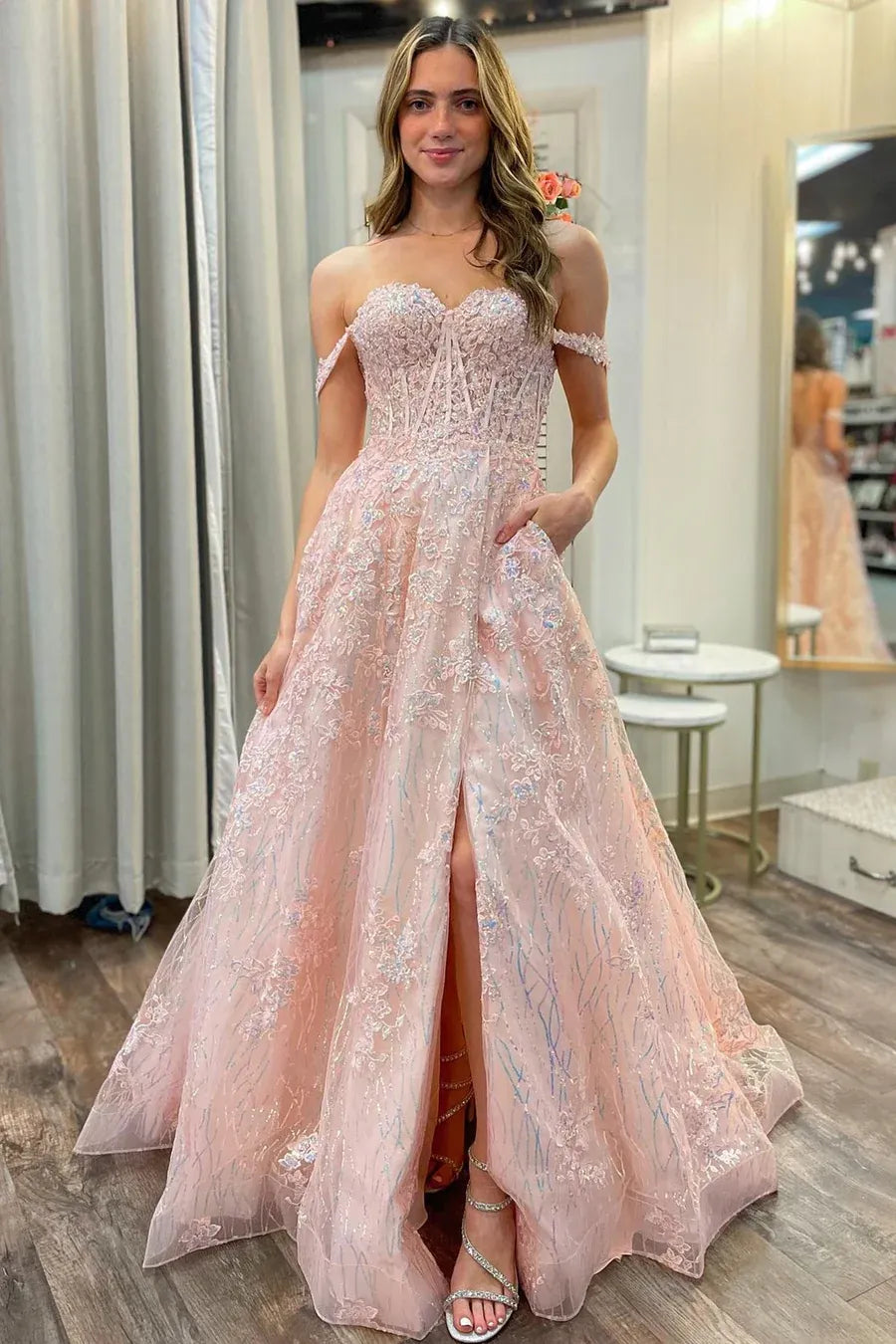 Romantic Blush Pink Off Shoulder Lace Prom Gown with Pockets