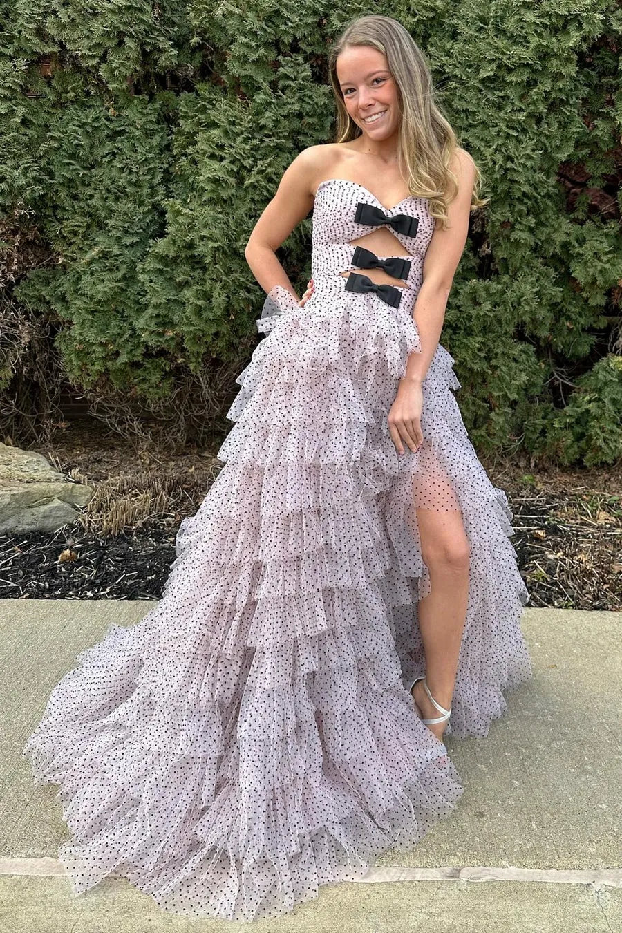 Romantic Blush Polka Dot Tulle Ruffle Prom Gown with Bows