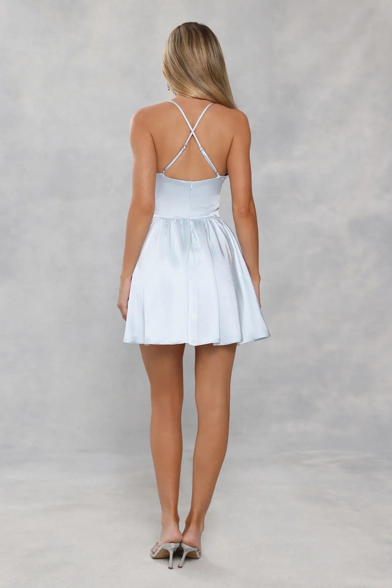 Romantic Flared Deep V-Neck Spaghetti Strap Satin Mini Floral Appliqué Skater Party Dress
