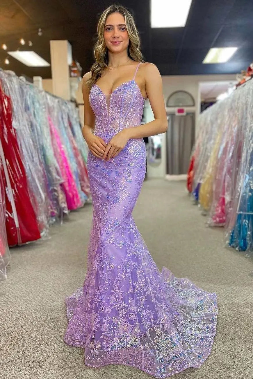 Vestido de fiesta sirena romántico de encaje lavanda con espalda con cordones