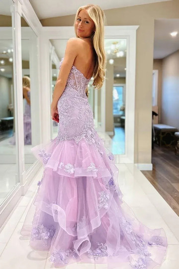 Vestido de Noche Sirena sin Tirantes con Volantes de Encaje Lavanda Romántico