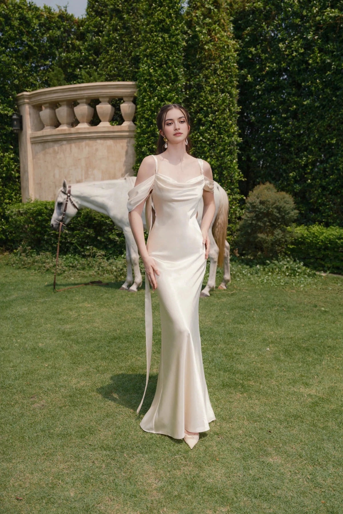 Vedress champagne satin mermaid wedding dress cowl off‑shoulder sleeves for garden wedding