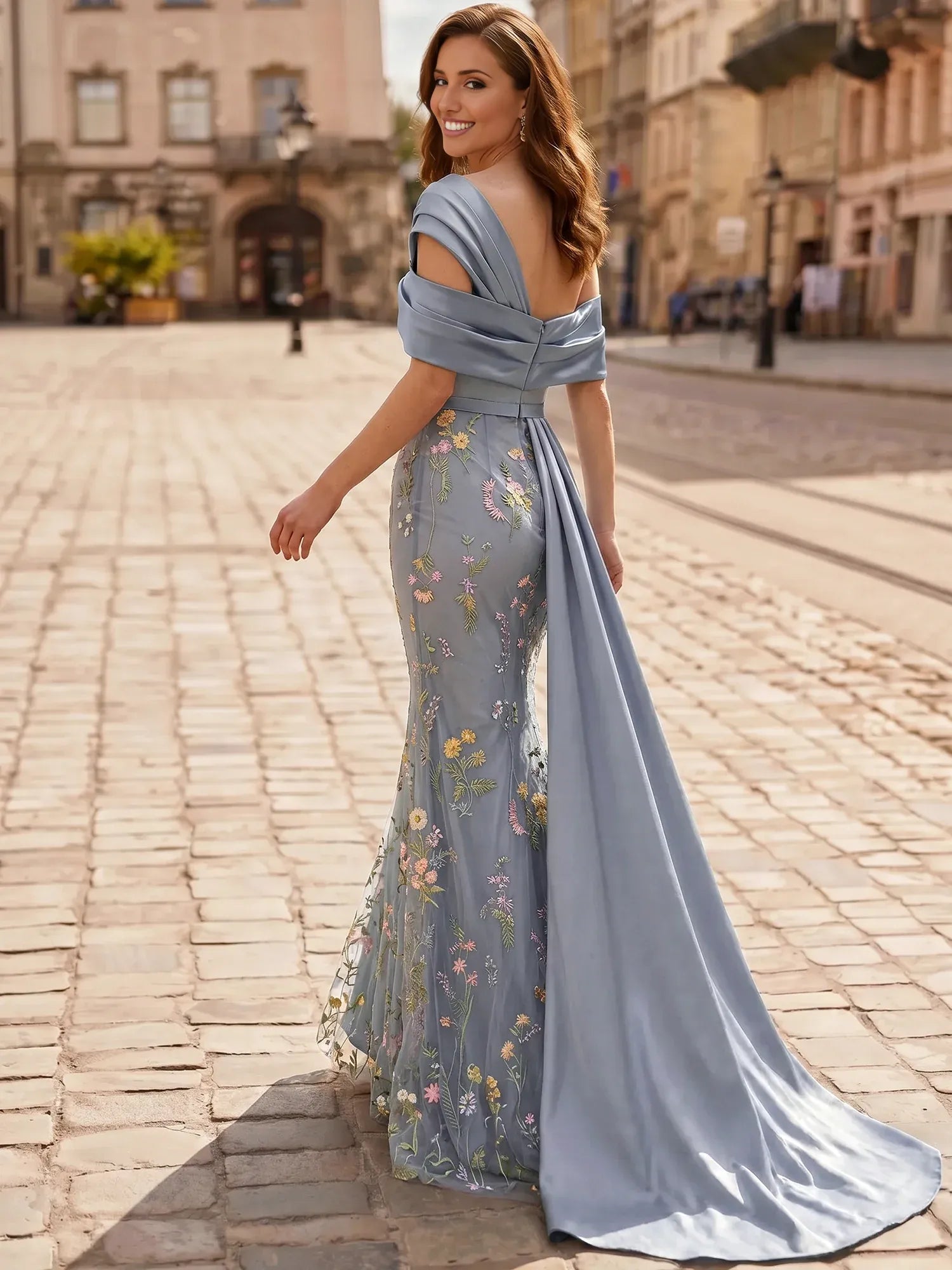 Romantic Mermaid Off-Shoulder Sleeveless Tulle Floral-Embroidery Evening Gown With Side Drape