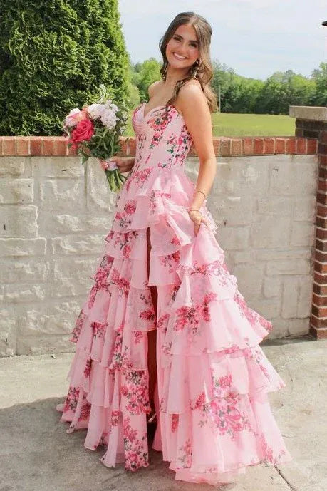 Romantic Pink Floral Strapless Tiered Ruffle Prom Gown