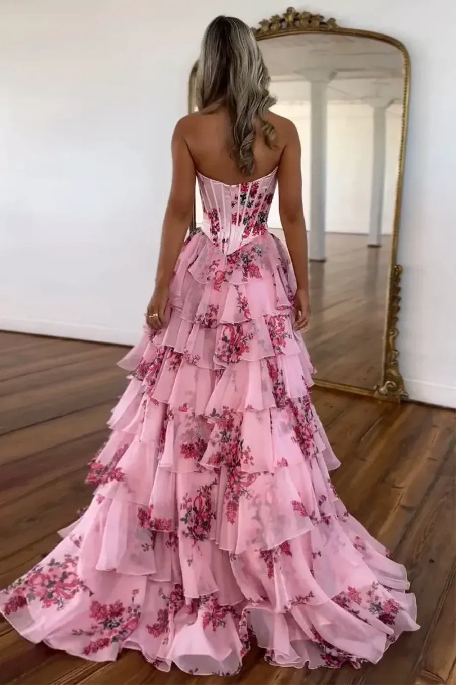 Romantic Pink Floral Strapless Tiered Ruffle Prom Gown