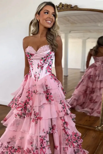 Romantic Pink Floral Strapless Tiered Ruffle Prom Gown