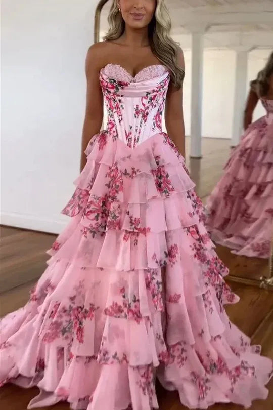 Romantic Pink Floral Strapless Tiered Ruffle Prom Gown