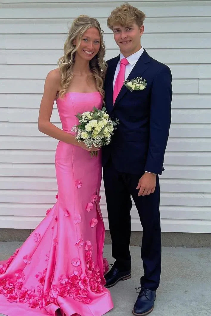 Romantic Pink Satin Strapless Mermaid Gown with 3D Floral Appliqué Prom Dress