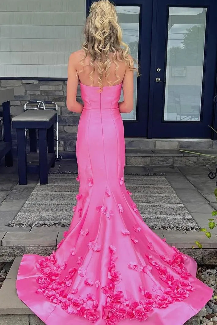 Romantic Pink Satin Strapless Mermaid Gown with 3D Floral Appliqué Prom Dress