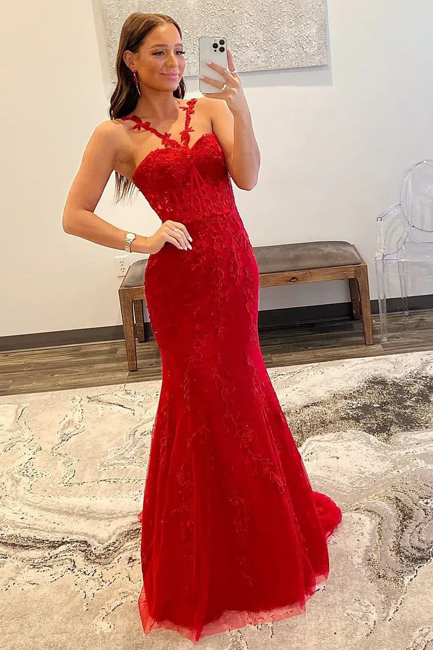 Vestido de Noche de Sirena con Encaje Rojo Romántico y Un Solo Hombro