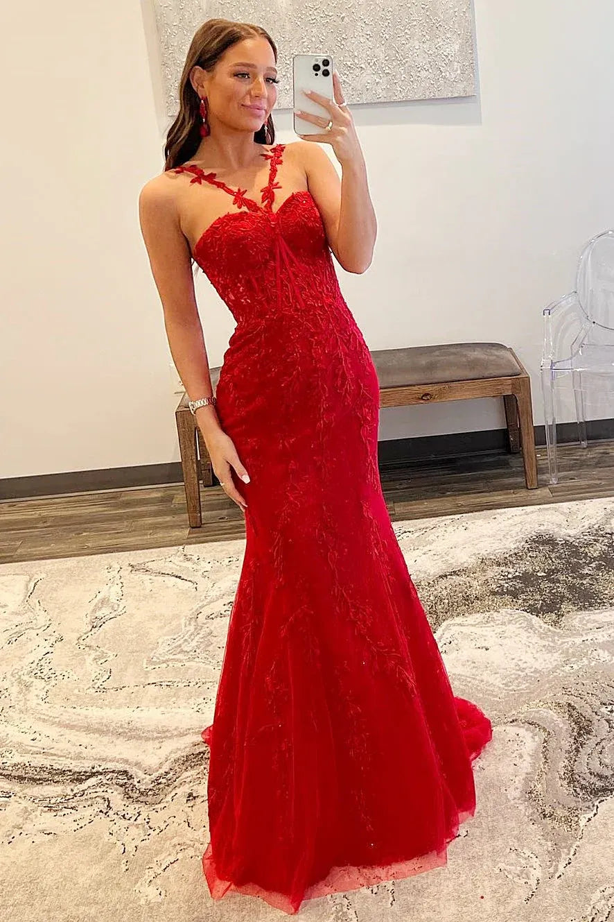 Vestido de Noche de Sirena con Encaje Rojo Romántico y Un Solo Hombro