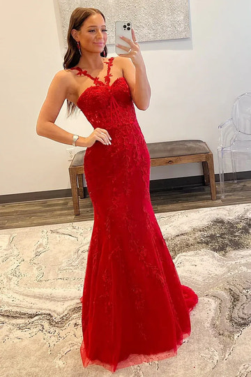 Vestido de Noche de Sirena con Encaje Rojo Romántico y Un Solo Hombro